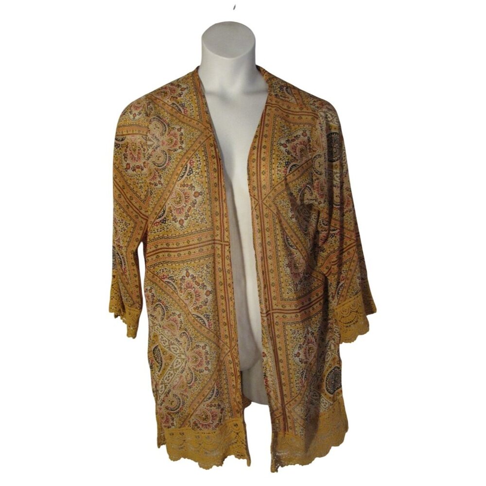 Rewind XL Brown Burgundy Patterned Sheer Overpiece Cardigan Open Front